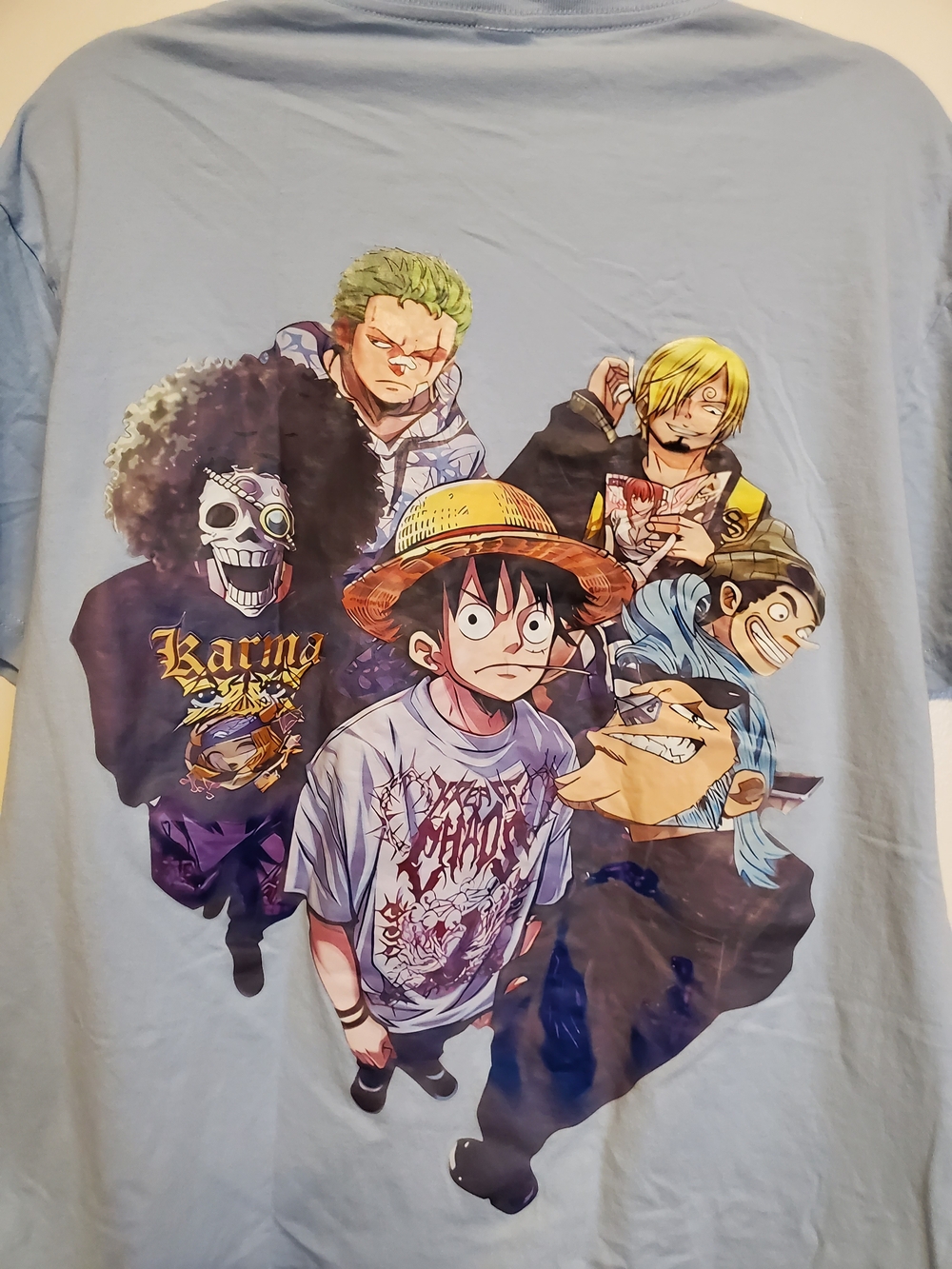 Light Blue One Piece Graphic Tee with Anime Crew